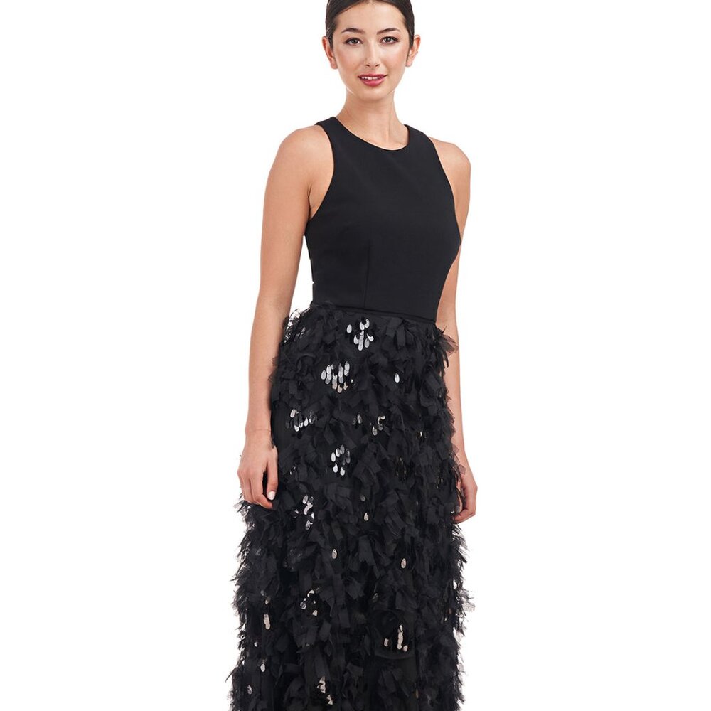 Js Collection Sia floral applique crepe black ruffle gown dress size 6